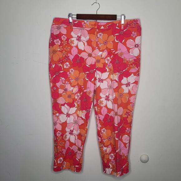 Talbots Sz 18‎ Red Orange Floral Tossed Flowers Perfect Crop Pants Stretchy - Picture 4 of 10